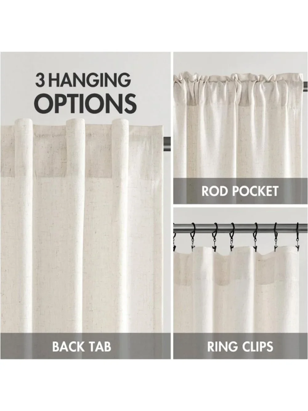 Light Filtering Linen Curtains - 2 Panels, Semi-Sheer Drapes for Bedroom/Living
